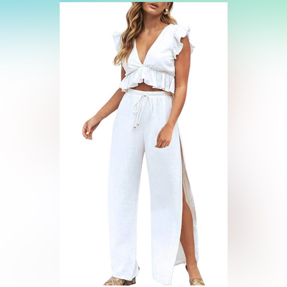 FANCYINN 2 Piece Deep V Neck Crop Top Side Slit Drawstring Wide Leg Pants Set